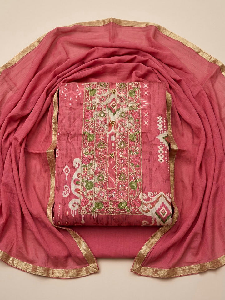 Onion Pink Cotton Blend Embroidered Unstitched Dress Material