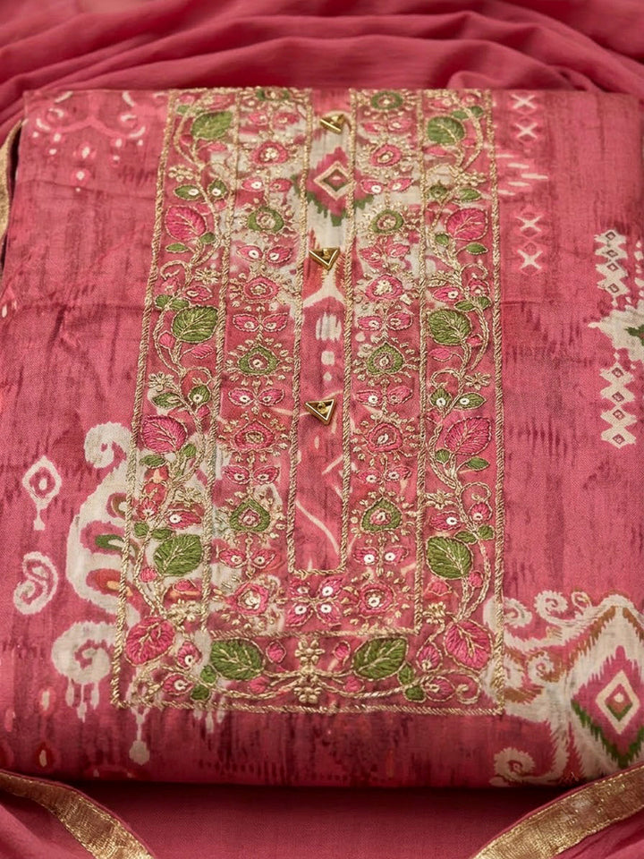 Onion Pink Cotton Blend Embroidered Unstitched Dress Material