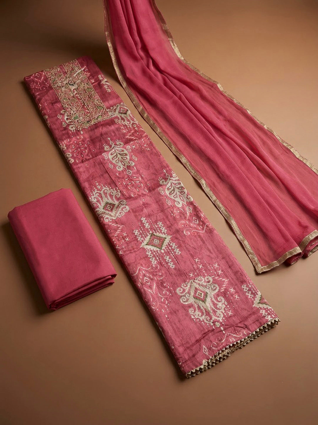 Onion Pink Cotton Blend Embroidered Unstitched Dress Material
