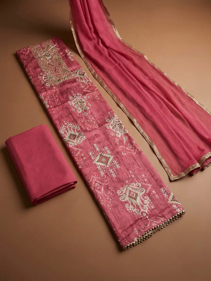 Onion Pink Cotton Blend Embroidered Unstitched Dress Material