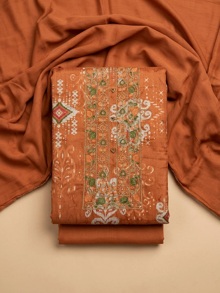Rust Cotton Blend Embroidered Unstitched Dress Material