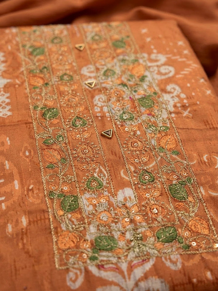 Rust Cotton Blend Embroidered Unstitched Dress Material