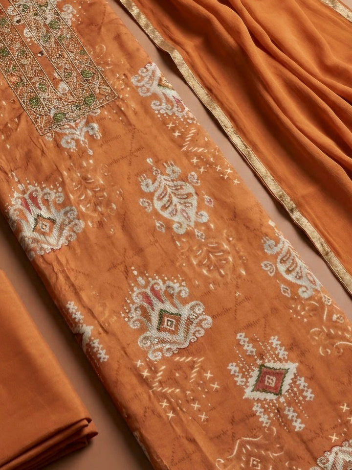 Rust Cotton Blend Embroidered Unstitched Dress Material
