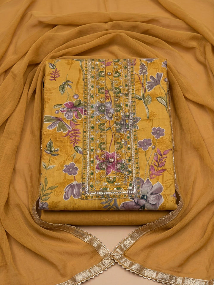 Mustard Cotton Blend Printed Unstitched Dress Material