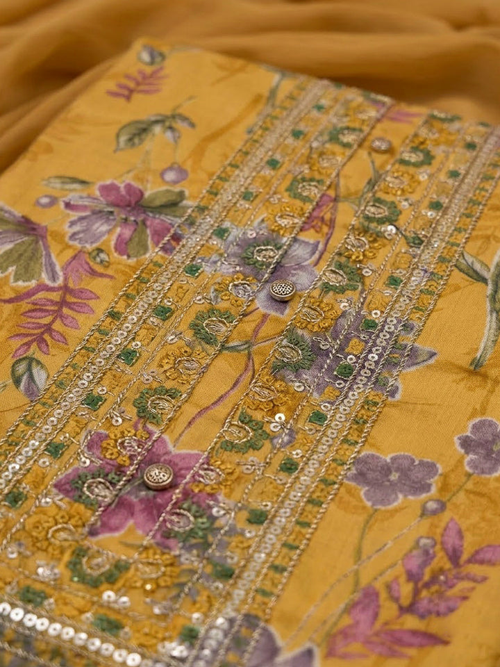 Mustard Cotton Blend Printed Unstitched Dress Material