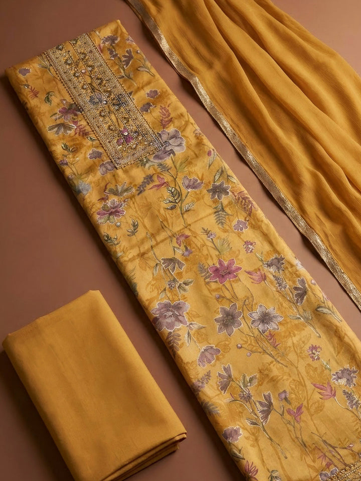 Mustard Cotton Blend Printed Unstitched Dress Material
