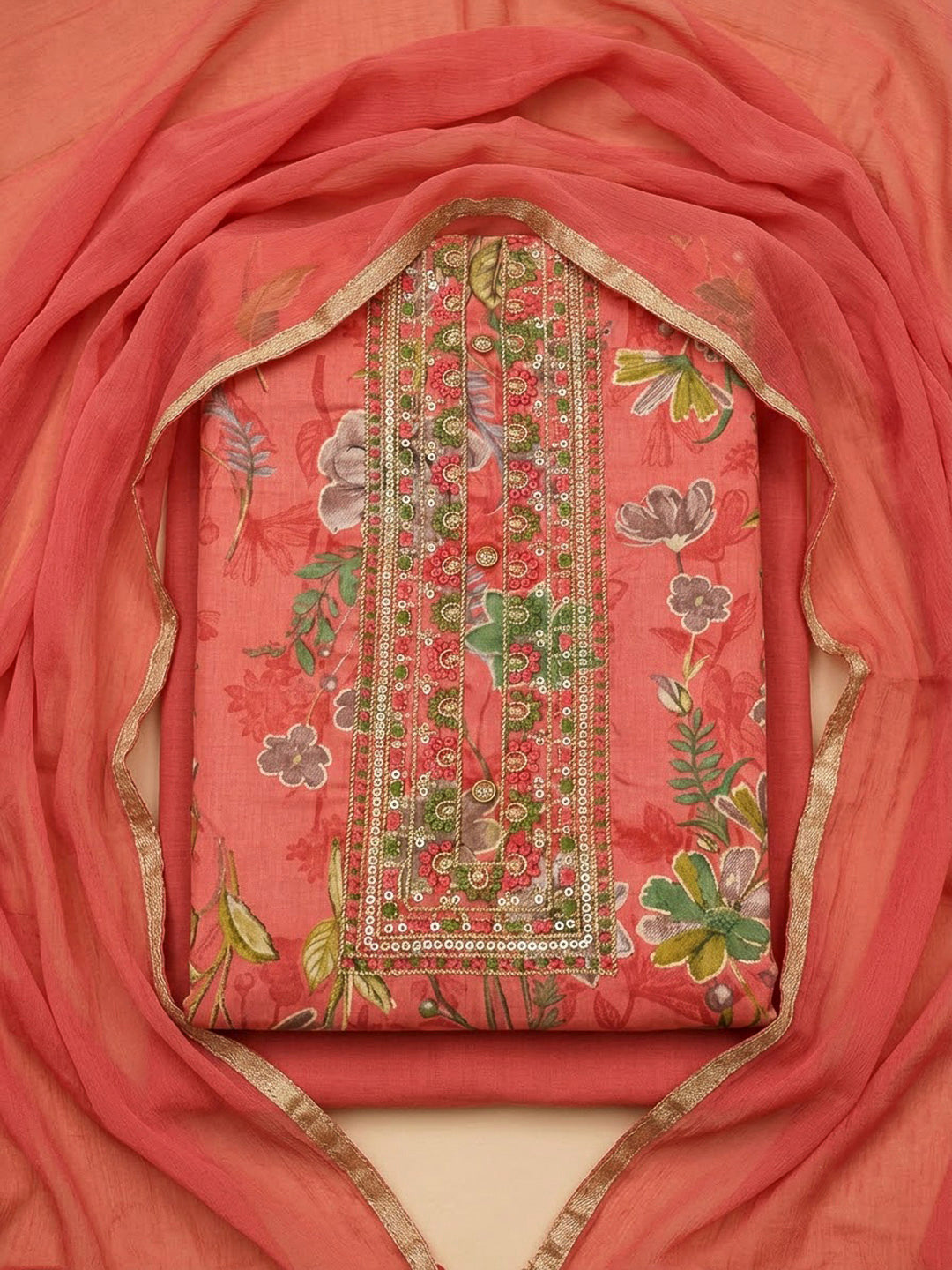Peach Cotton Blend Printed Unstitched Dress Material