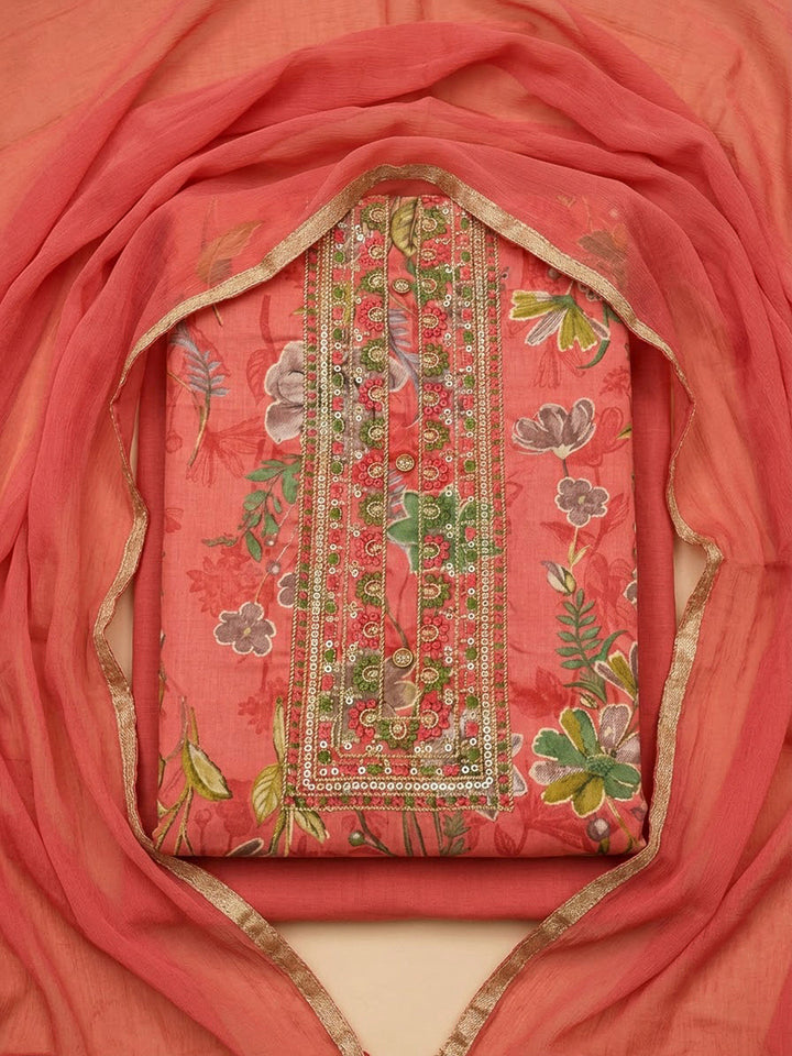 Peach Cotton Blend Printed Unstitched Dress Material