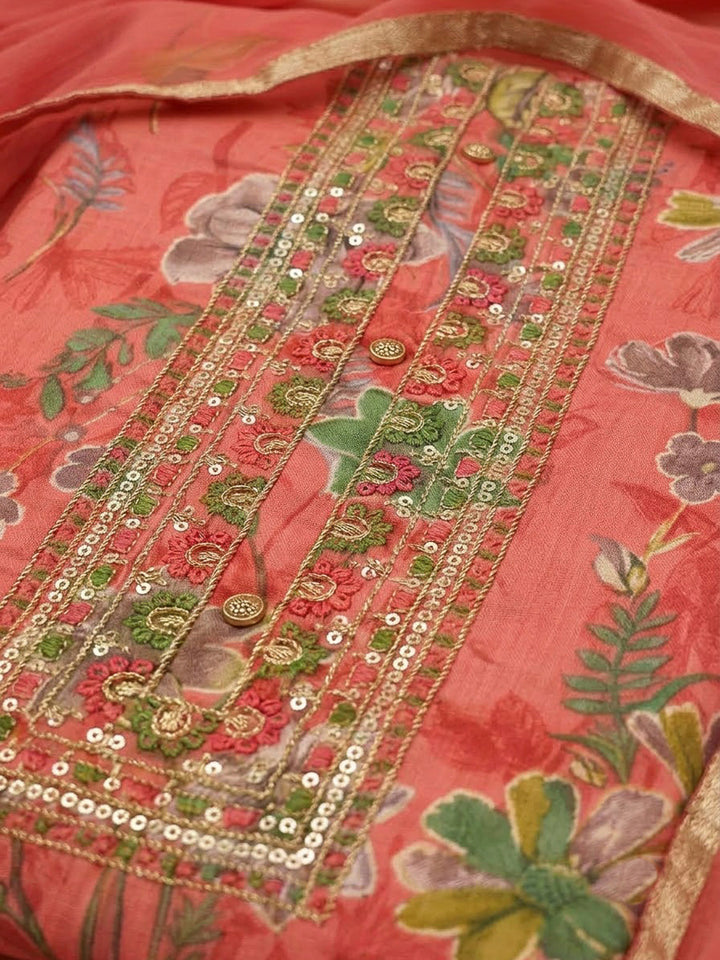 Peach Cotton Blend Printed Unstitched Dress Material