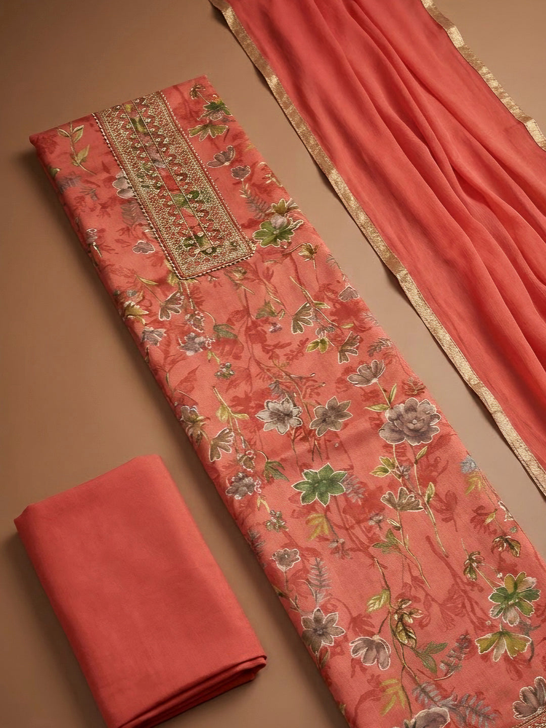 Peach Cotton Blend Printed Unstitched Dress Material