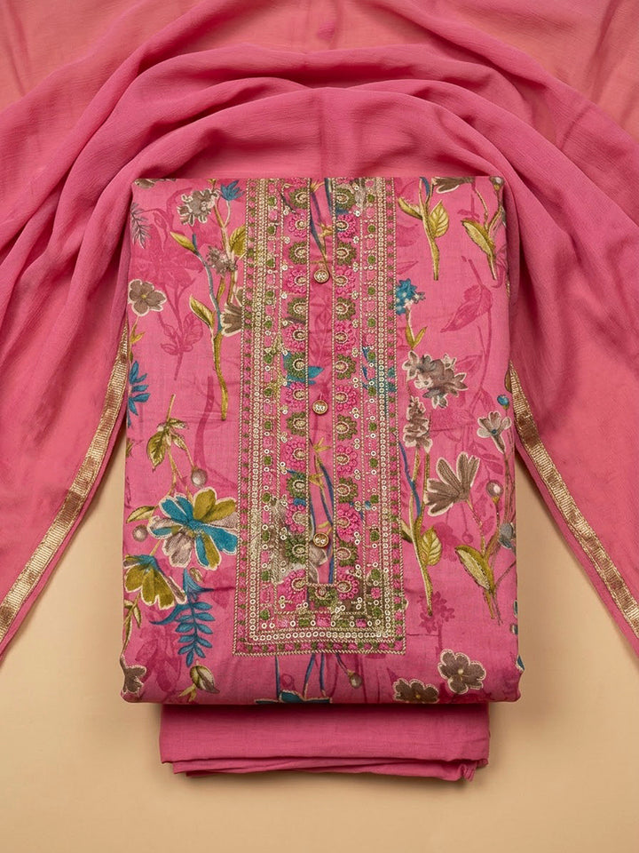 Pink Cotton Blend Printed Unstitched Dress Material
