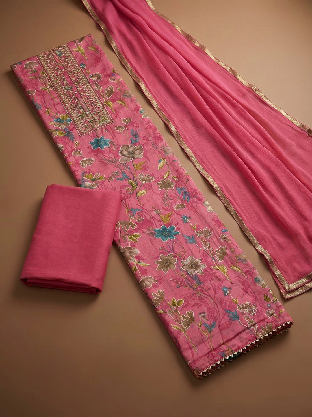 Pink Cotton Blend Printed Unstitched Dress Material