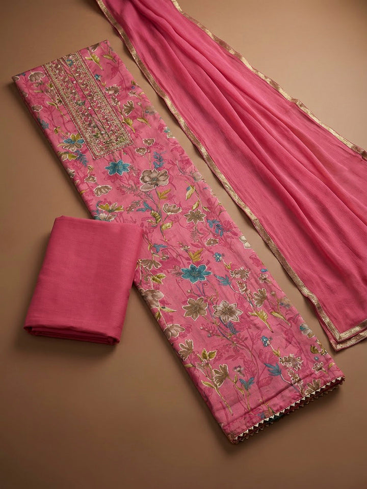 Pink Cotton Blend Printed Unstitched Dress Material