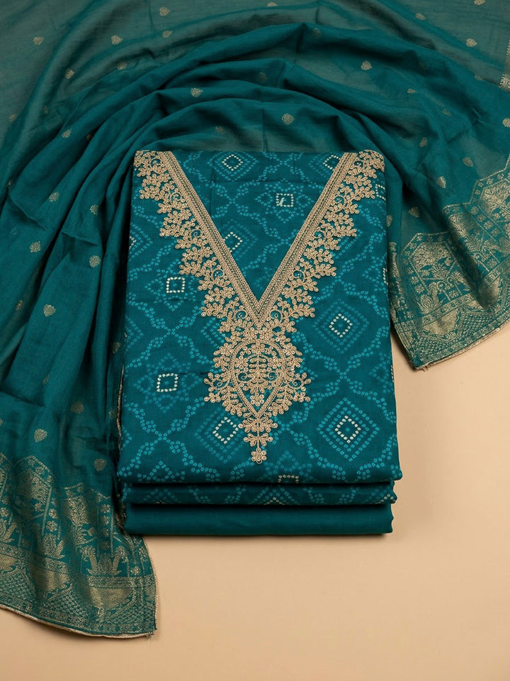 Green Cotton Blend Embroidered Unstitched Dress Material