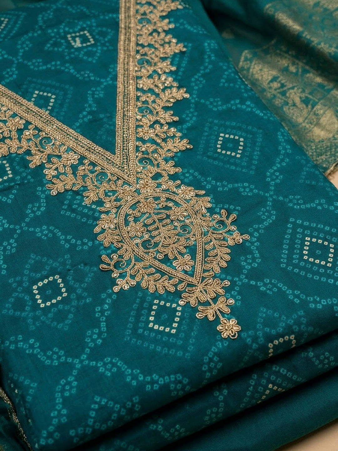 Green Cotton Blend Embroidered Unstitched Dress Material