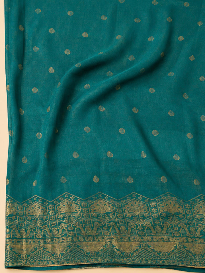 Green Cotton Blend Embroidered Unstitched Dress Material