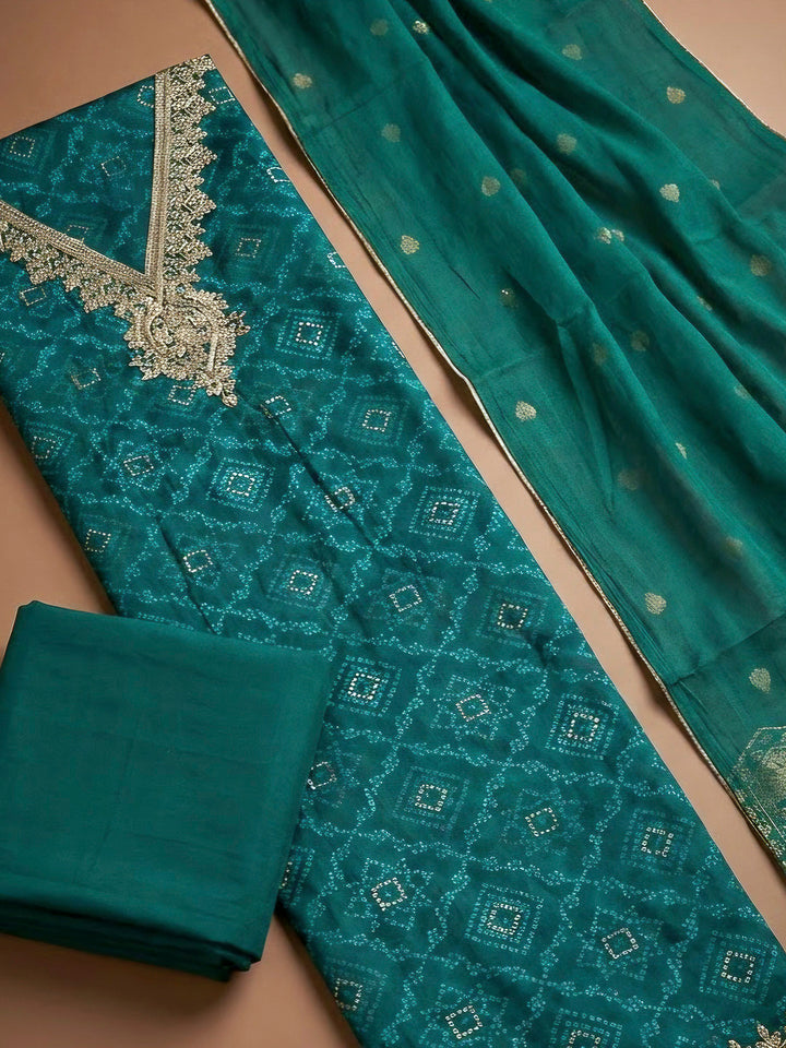 Green Cotton Blend Embroidered Unstitched Dress Material