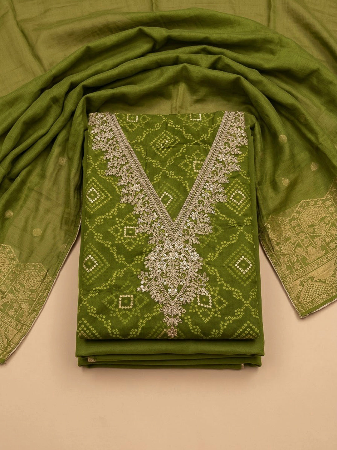 Mehndi Cotton Blend Embroidered Unstitched Dress Material