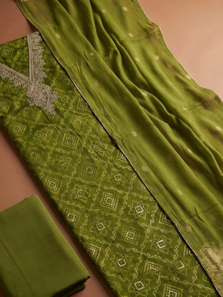 Mehndi Cotton Blend Embroidered Unstitched Dress Material