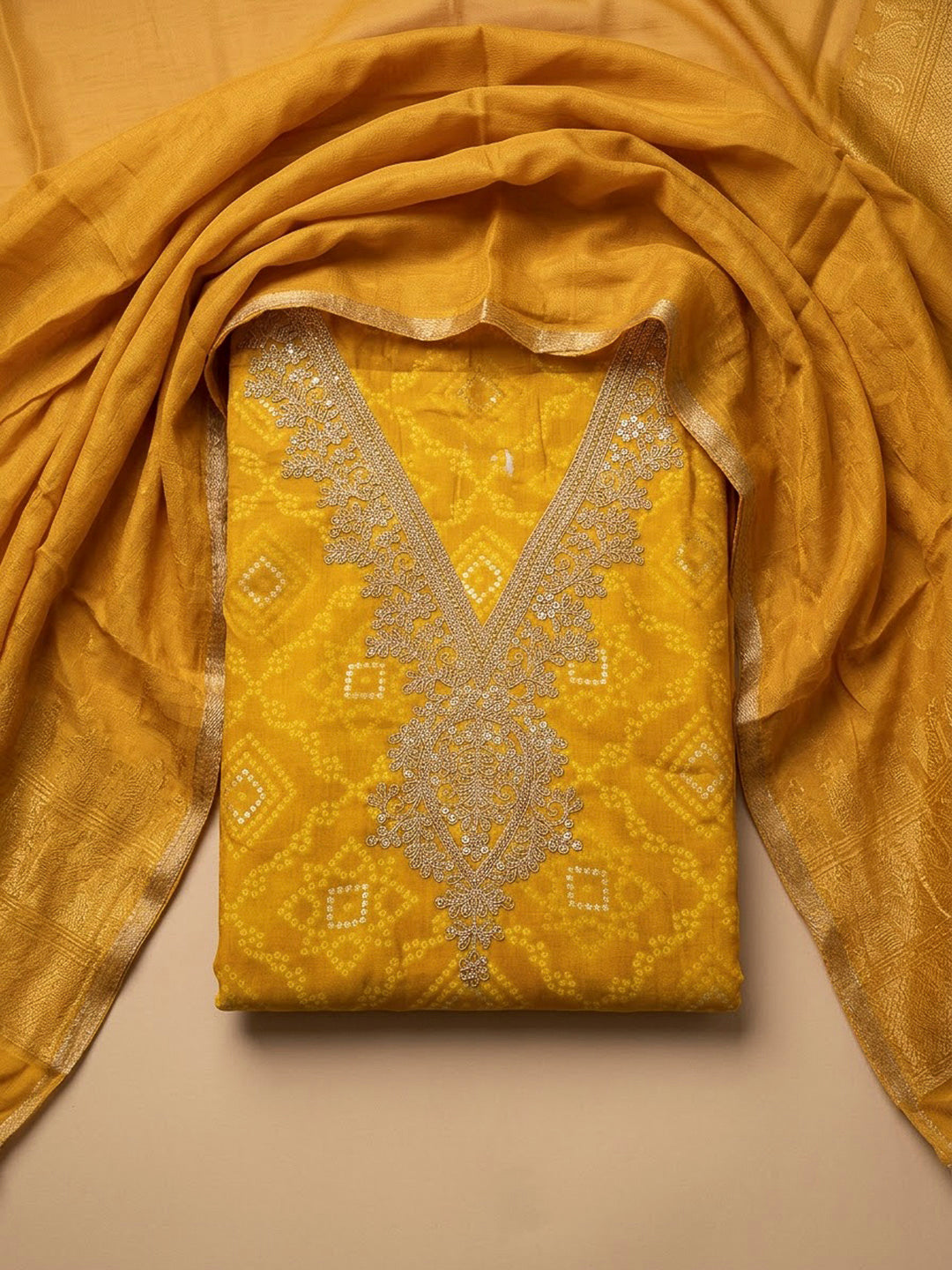 Mustard Cotton Blend Embroidered Unstitched Dress Material