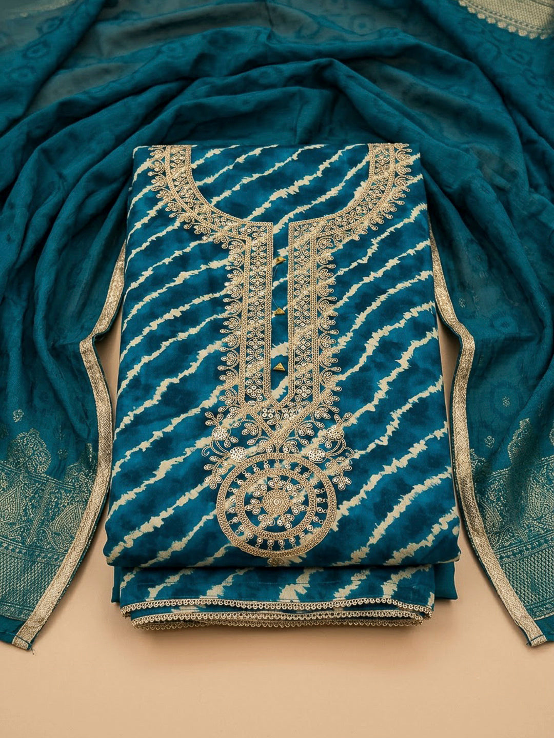 Blue Cotton Blend Embroidered Unstitched Dress Material