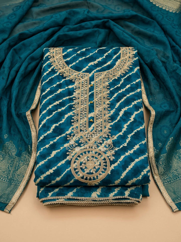 Blue Cotton Blend Embroidered Unstitched Dress Material