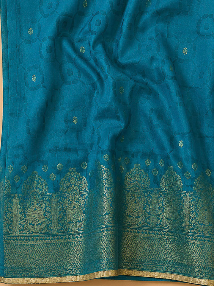 Blue Cotton Blend Embroidered Unstitched Dress Material