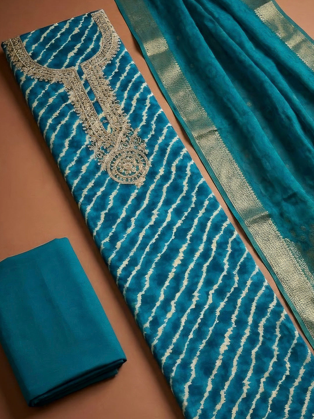Blue Cotton Blend Embroidered Unstitched Dress Material
