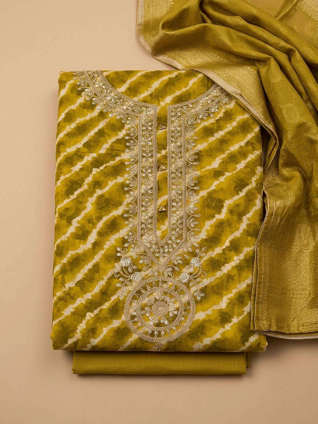 Mehndi Cotton Blend Embroidered Unstitched Dress Material