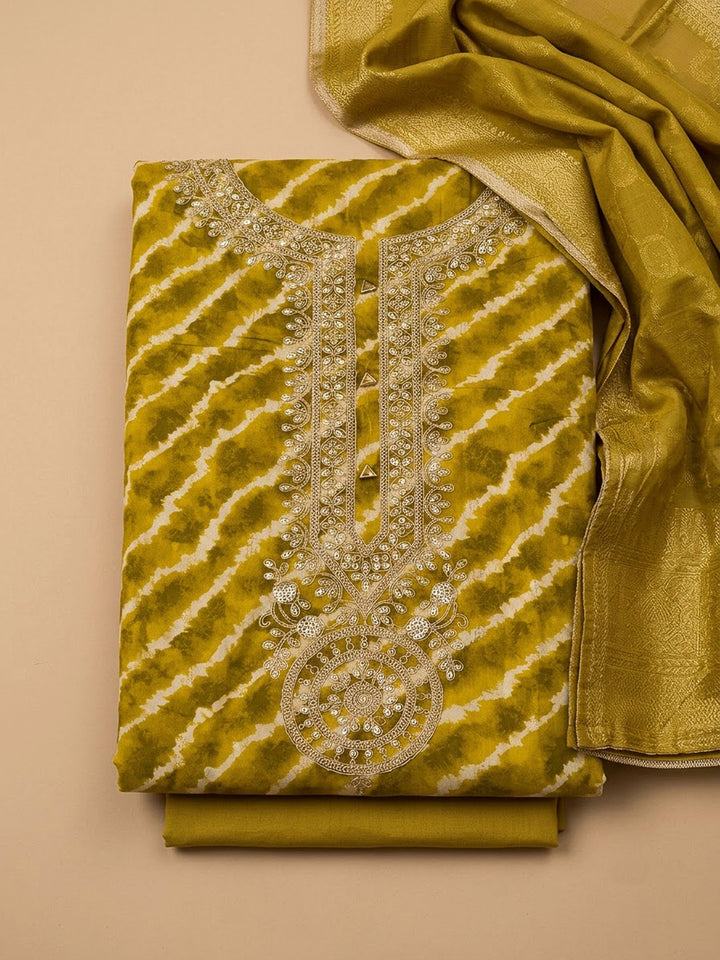 Mehndi Cotton Blend Embroidered Unstitched Dress Material