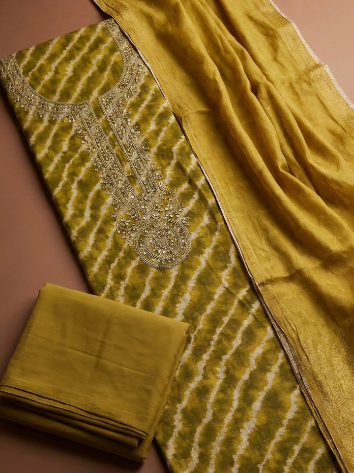 Mehndi Cotton Blend Embroidered Unstitched Dress Material