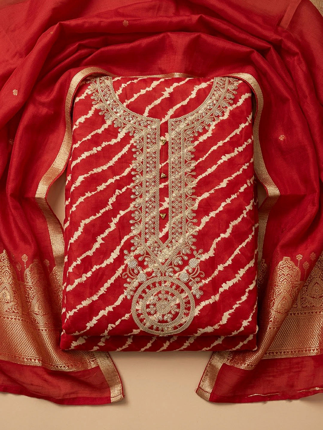 Red Cotton Blend Embroidered Unstitched Dress Material