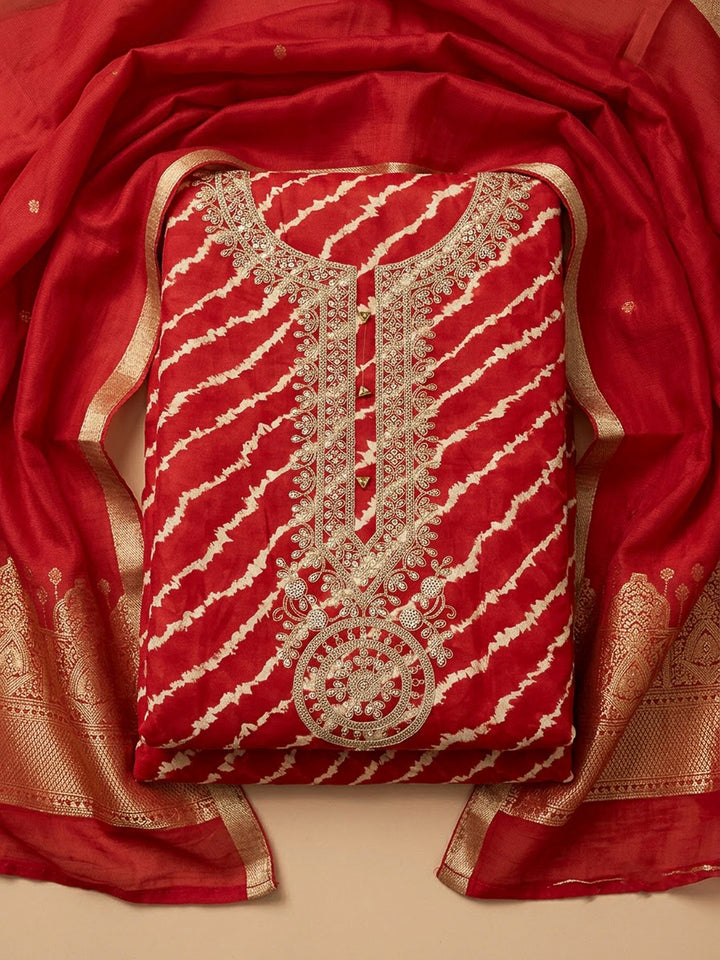 Red Cotton Blend Embroidered Unstitched Dress Material