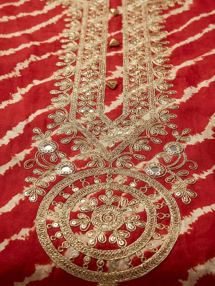 Red Cotton Blend Embroidered Unstitched Dress Material