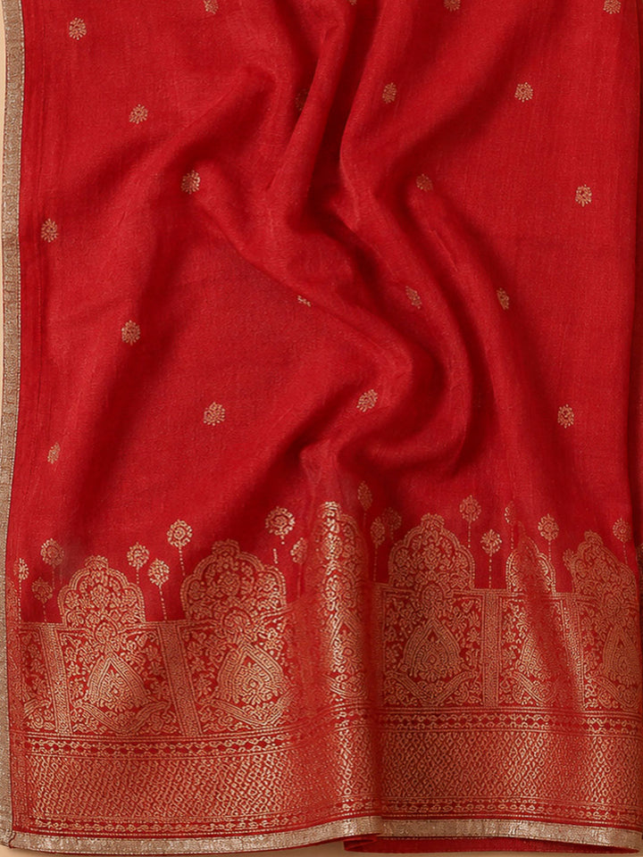 Red Cotton Blend Embroidered Unstitched Dress Material