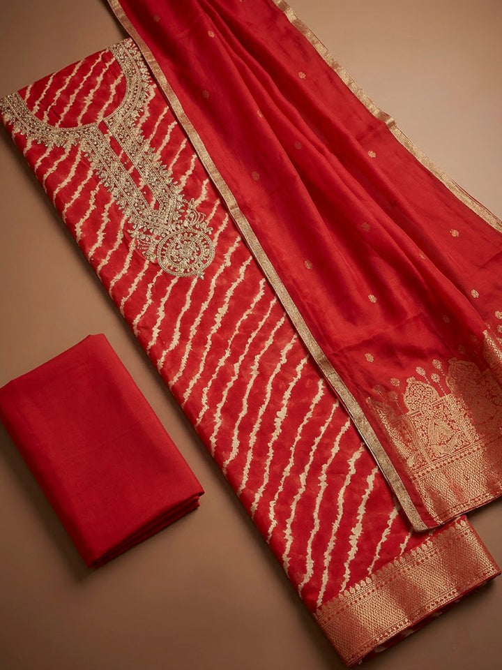 Red Cotton Blend Embroidered Unstitched Dress Material