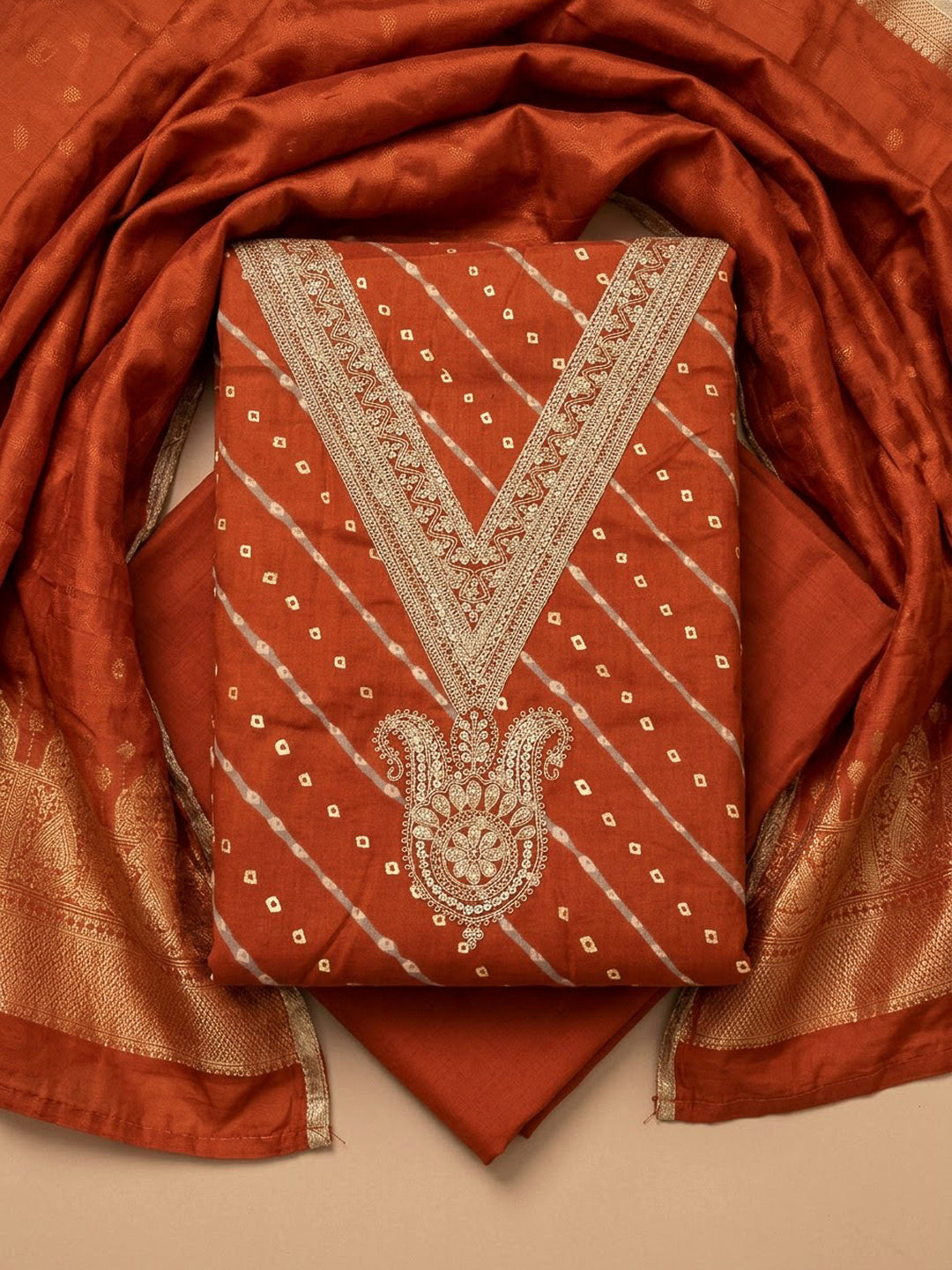 Rust Cotton Blend Embroidered Unstitched Dress Material