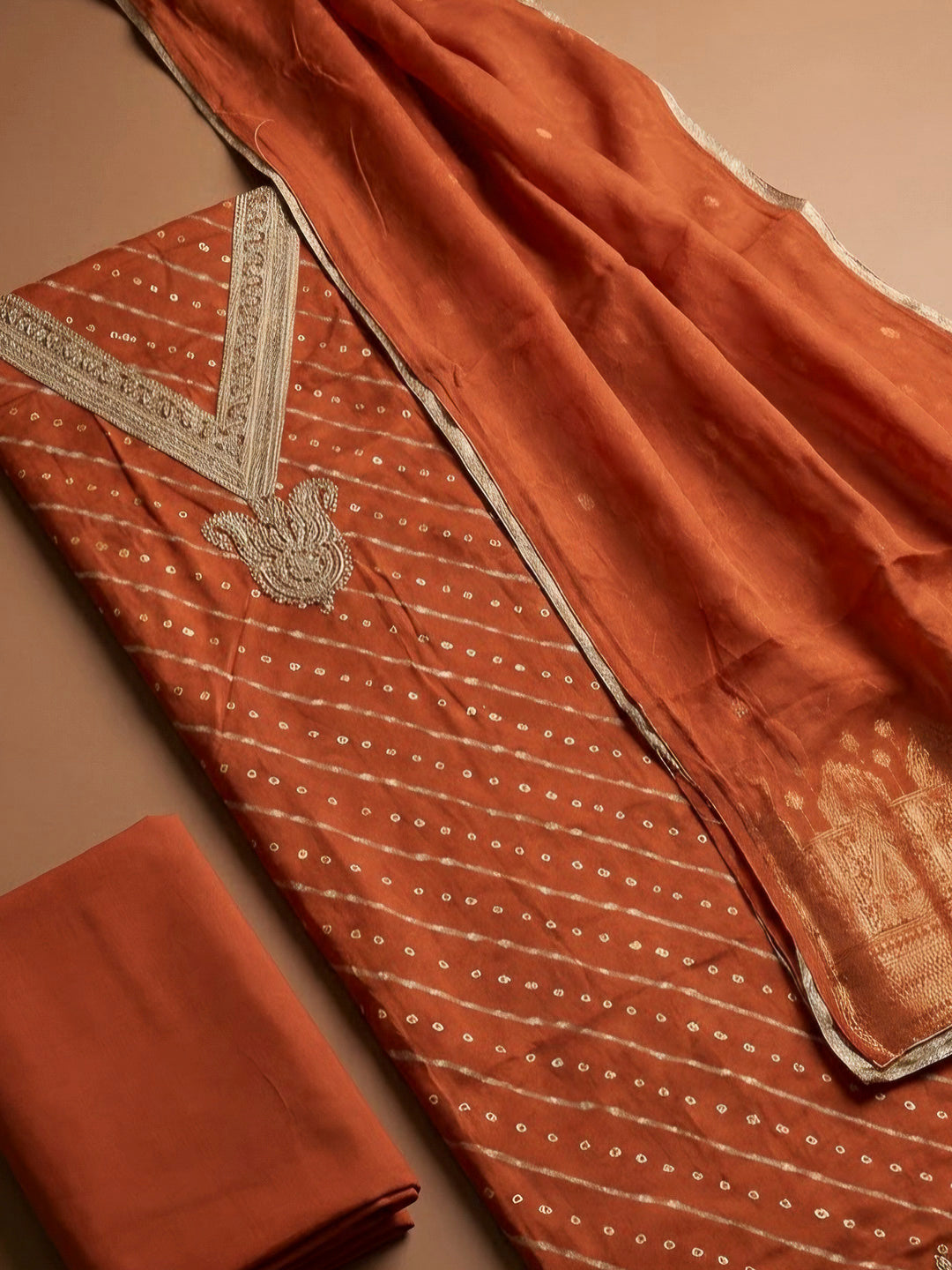Rust Cotton Blend Embroidered Unstitched Dress Material