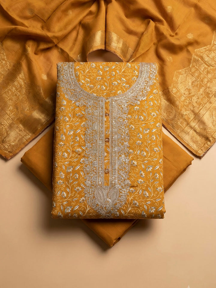 Mustard Cotton Blend Embroidered Unstitched Dress Material