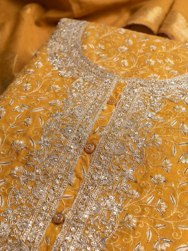 Mustard Cotton Blend Embroidered Unstitched Dress Material