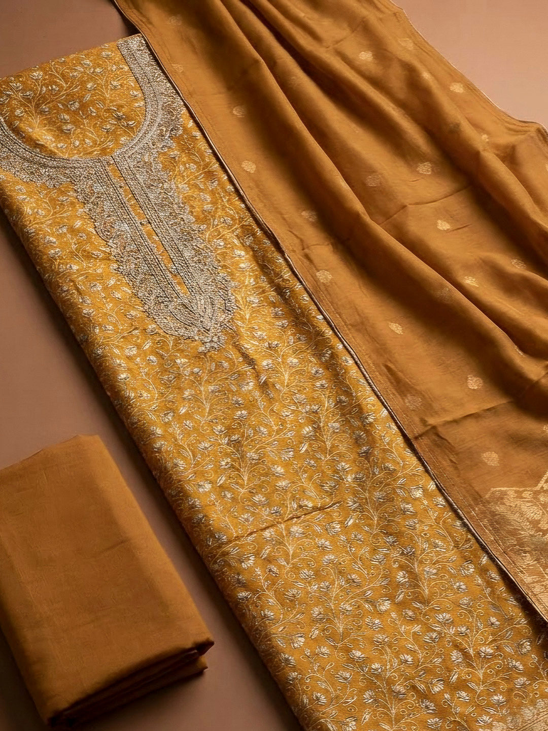 Mustard Cotton Blend Embroidered Unstitched Dress Material