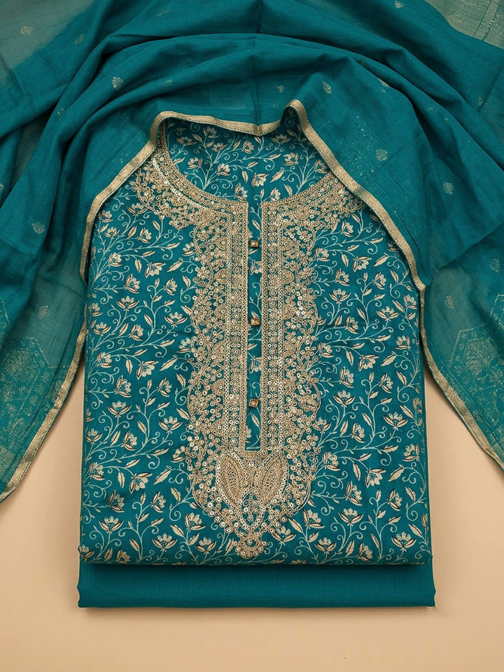Rama Green Cotton Blend Embroidered Unstitched Dress Material
