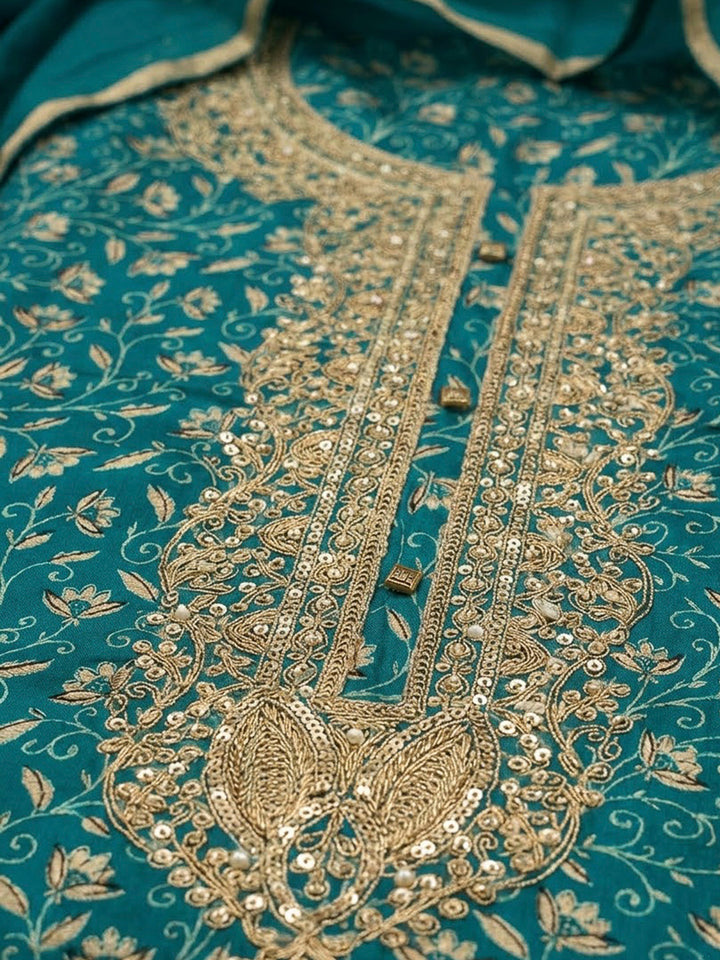 Rama Green Cotton Blend Embroidered Unstitched Dress Material
