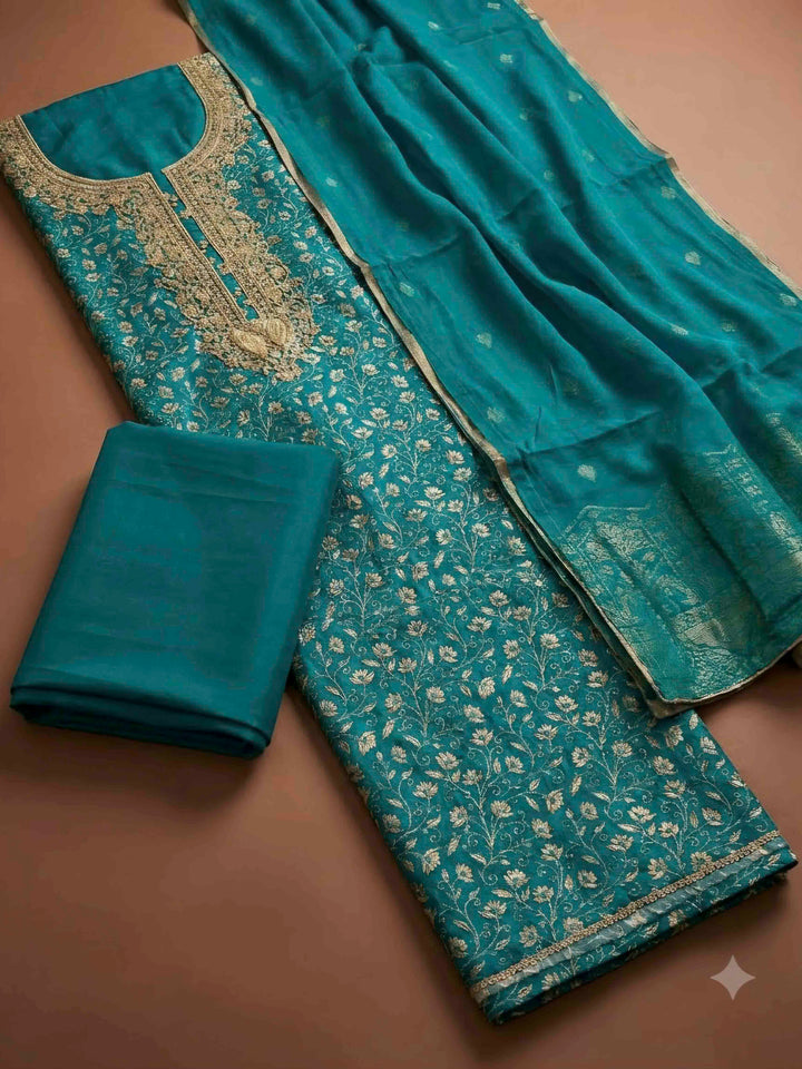Rama Green Cotton Blend Embroidered Unstitched Dress Material
