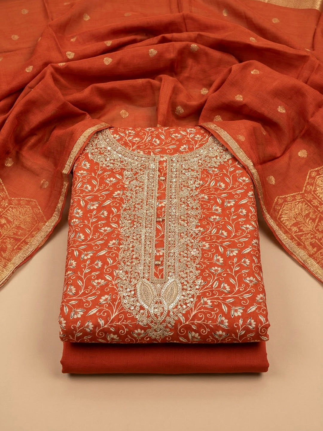Rust Cotton Blend Embroidered Unstitched Dress Material