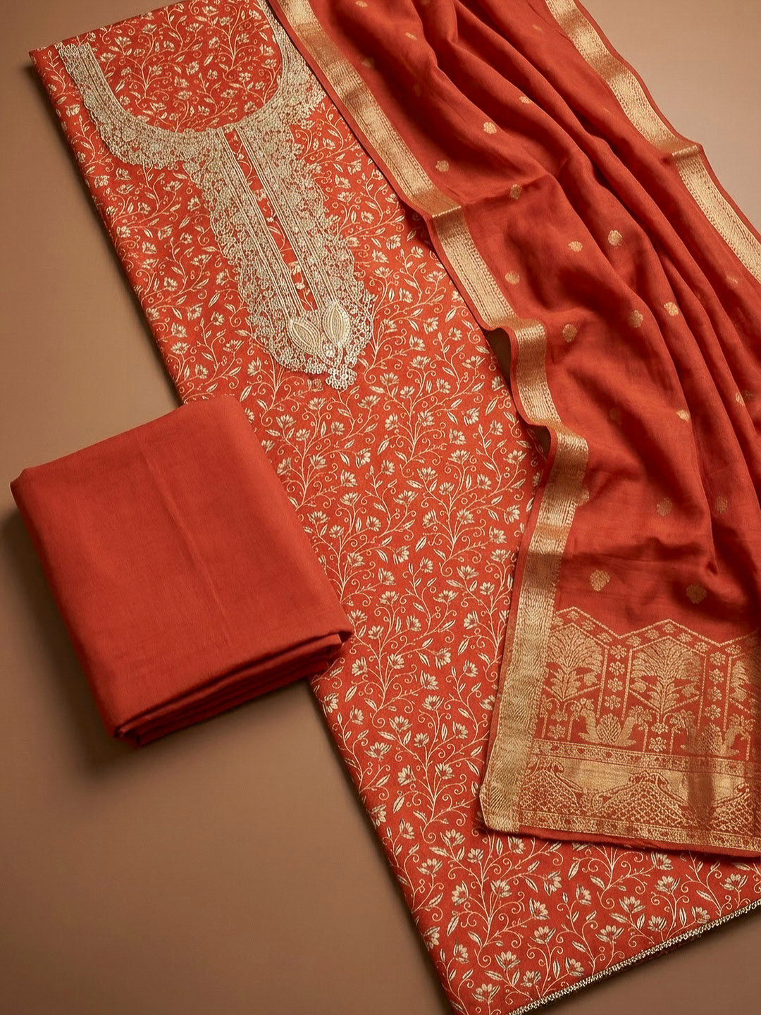 Rust Cotton Blend Embroidered Unstitched Dress Material