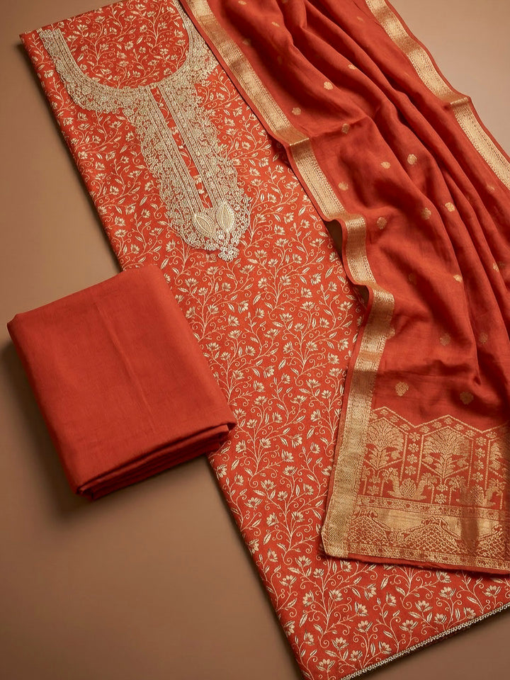 Rust Cotton Blend Embroidered Unstitched Dress Material