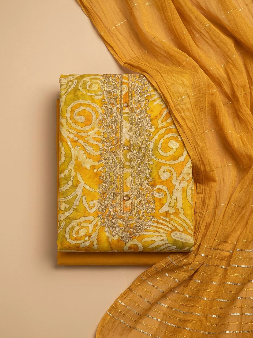Mustard Cotton Blend Embroidered Unstitched Dress Material