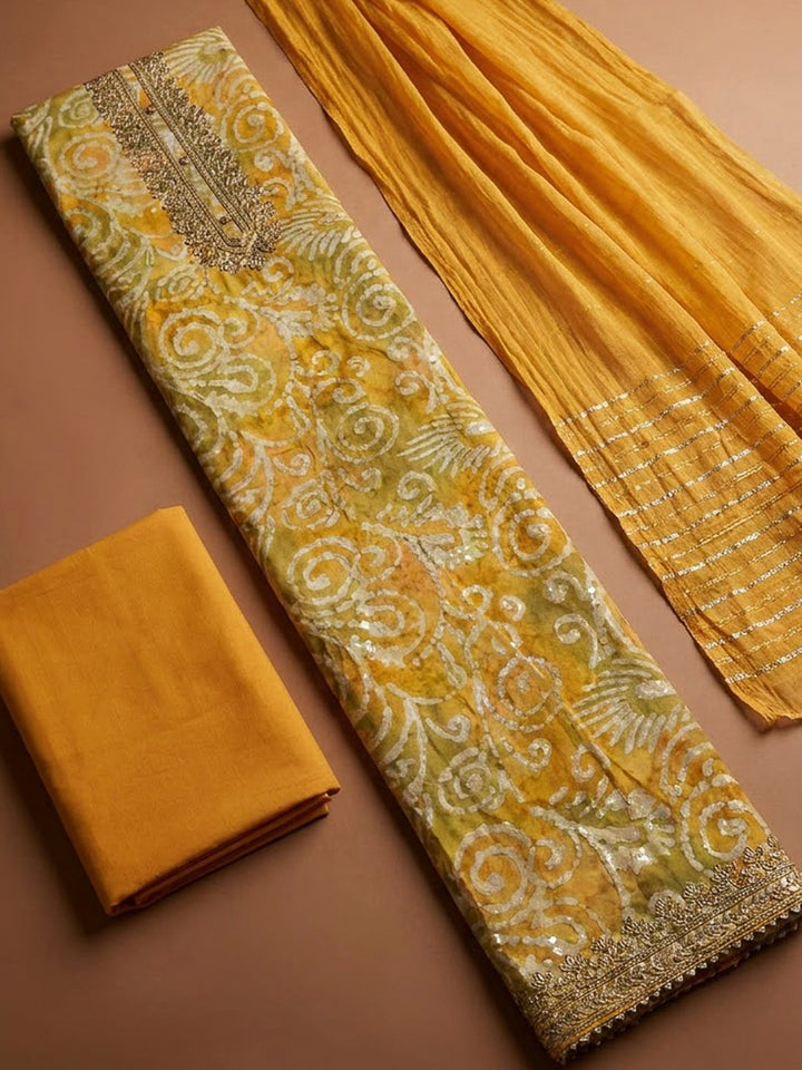 Mustard Cotton Blend Embroidered Unstitched Dress Material