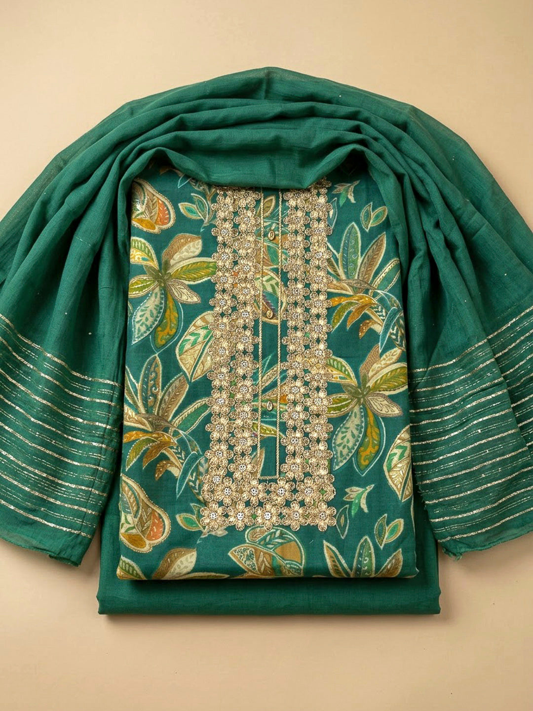 Green Cotton Blend Embroidered Unstitched Dress Material